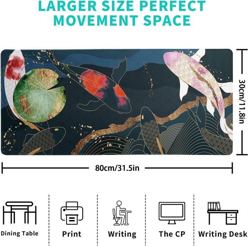 Brecoy Japanese Gaming Mouse Pad XL - Extended Large Mouse Mat Desk Pad, Stitched Edges Mousepad, 3mm Thick Long Non-Slip Rubber Base Mice Pad, 31.5 X 11.8 Inch - Koi Fish Art - Image 4